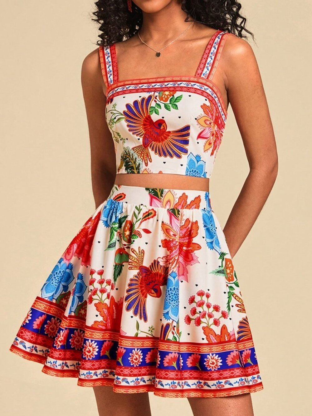 Multicolor Boho Women's Floral Print Camisole Tank Top And Mini Skirt - Picture 3 of 6